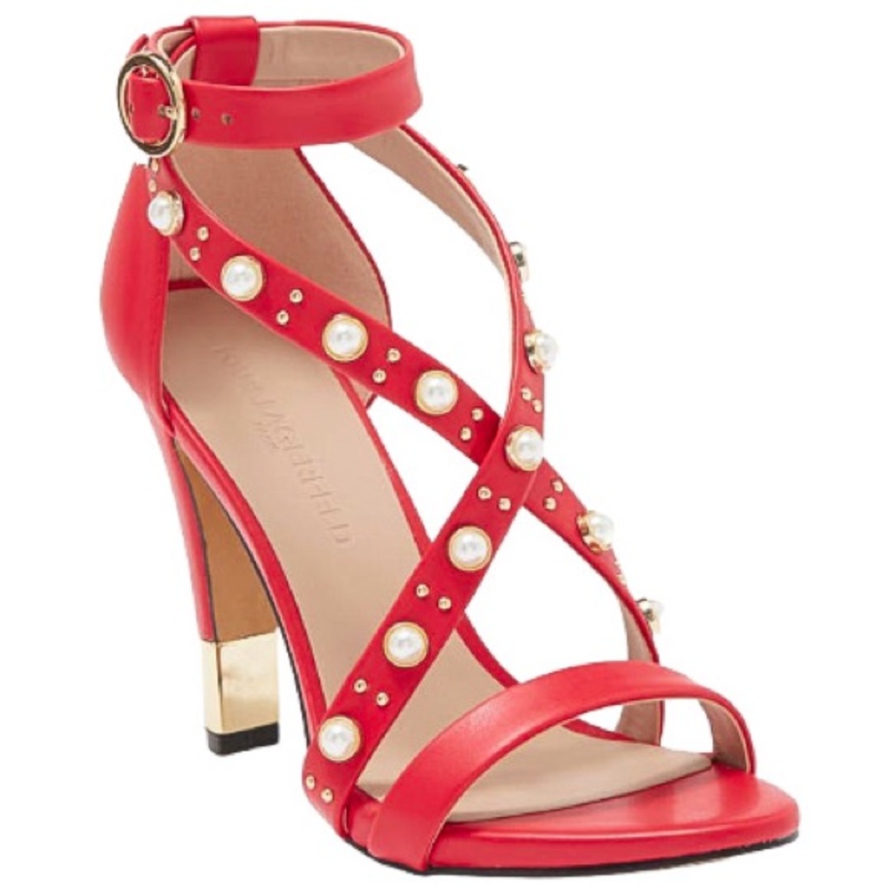 KARL LAGERFELD Cedra Embellished Stiletto Red Leather Pearl Gold Heels Strap 6